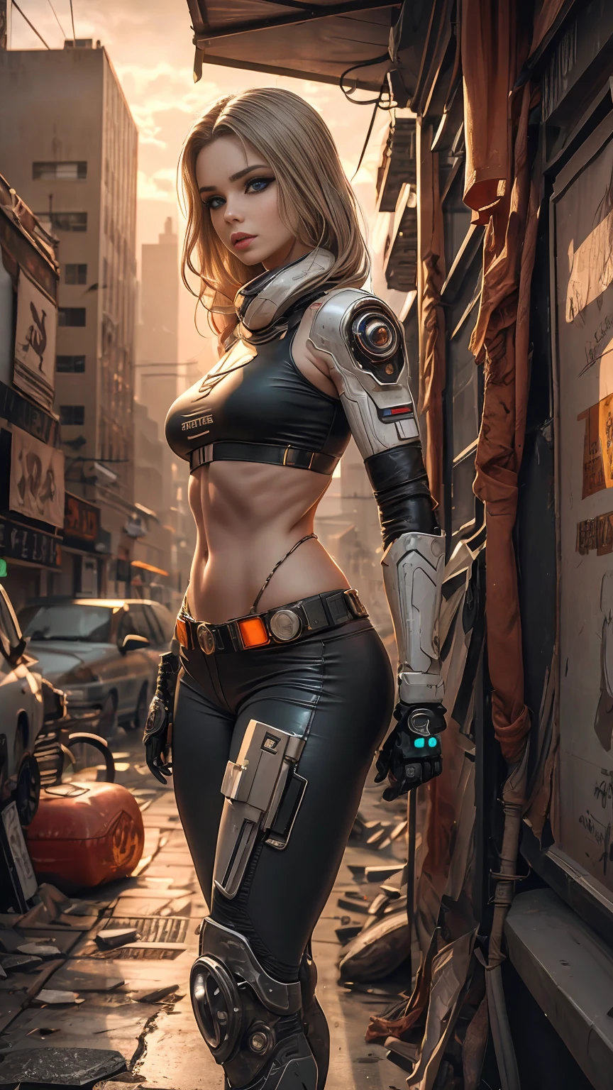 Ultra realist CG K ,((premium、8k、32k、Masterpiece、NFFSW:1.3)), (superfine illustration)、(super high resolution), (((adult body))), (Masterpiece, Best Quality:1.2),(La Best Quality,A high resolution,Ultra - detailed,actual) ,close-up Ariana Grande cyborg with red leather pants, yellow top, long white gray hair, (alien invasion background alien ships:1.4), (beautiful blue eyes big stones black:1.4) , (cowboy pose ), (realist) ,High quality 8K detailed art, Fanart Mejor ArtStation, fantasy art style , (white cyborg:1.4), (apocalyptic city cyberpunk colors:1.4)