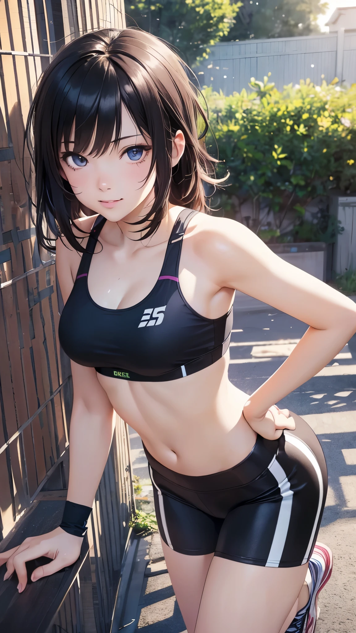 (highest quality,4K,8K,High resolution,table top:1.2), Super detailed, (realistic,photorealistic,photo-realistic:1.37), full body,meadow girl, sweating,grin and laugh,put your hands on your hips,((sports bra and black leggings)),((white loose socks)), ((sneaker)),Wristband,beautiful and detailed eyes, beautiful detailed lips, highly detailed eyes and face, long eyelashes, realistic anime 3D style, Smooth anime CG art, Digital rendering by Makoto Shinkai, Moe anime art style, photorealistic rendering of an anime girl, Shinkai Makoto style, Cute anime girl visuals, realistic young anime girl, girl fan art, Created by Anime Artist'studio of.