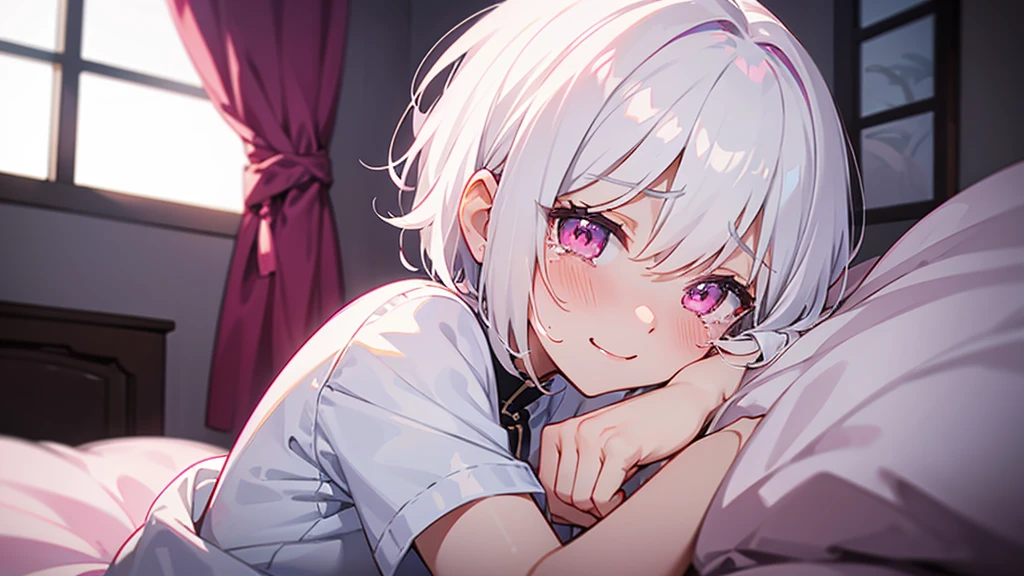 White Hair Girl、Pink Eyes、Short Hair、Only one girl、Night、In the bedroom、Blushing、laughing、Excited、Just One、Sitting on the bed、Sweating、With tears in their eyes、On all fours