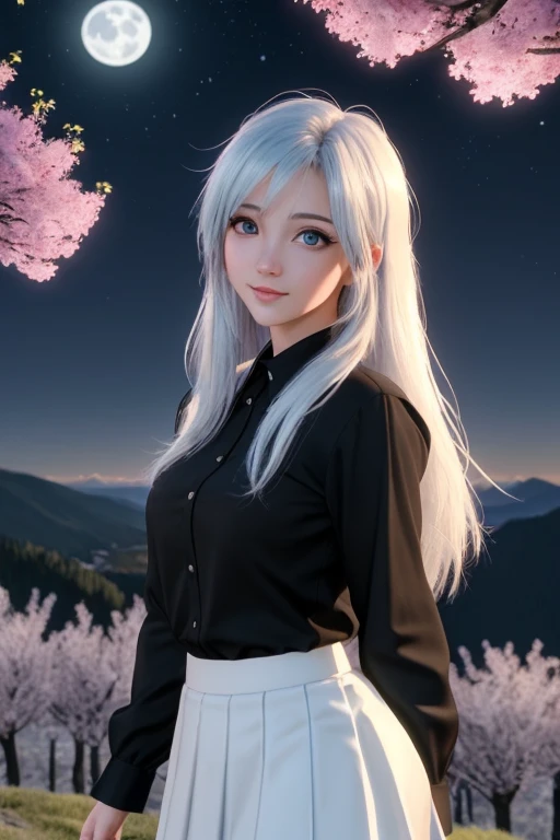 Long White haired anime girl with light blue eyes,black shirt,short white skirt,cute,hot,beautiful,18 years old,revanimated,3d,cyberrealistic,DreamShaper,in the moonlight,on top of the mountain,beautiful night sky,hot posing near a cherry tree