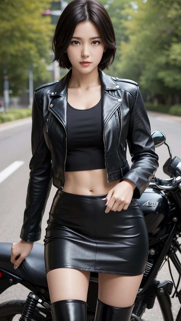 Highest quality, 8K, 32k, masterpiece, Ultra-high resolution: 1.3), Attractive Japanese women photos, One Girl, (whole body : 1.0), Abdominal muscles, Perfect body, (leather jacket:1.0),(skirt:1.1),(boots:1.0),Highly detailed face, Detailed lips, Beautiful Eyes, double eyelid,short hair,Messy Hair,Biker girl riding a motorcycle