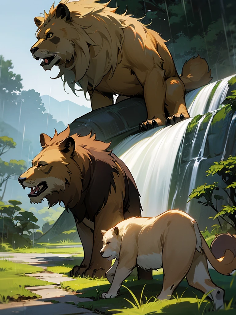 A man in rain forest, bear and lion on front of him , some realistic buildings nearby , great roads, wayerfall