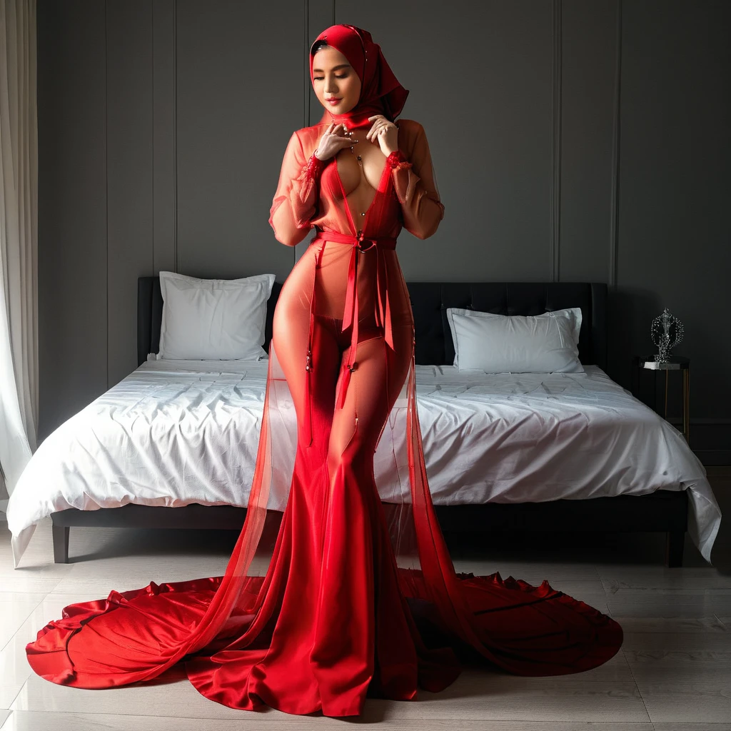 a woman in the translucent red gown, tight full body tied, transparent very long gown, nipple on with nipple piercing, full body expose, modern hijab, full body, long tail gown,mermaid tight long gown, flowy dramatic long gown,see-through silhouette, tall women, sexy leg, wear high heels, satin bed, masterpice 