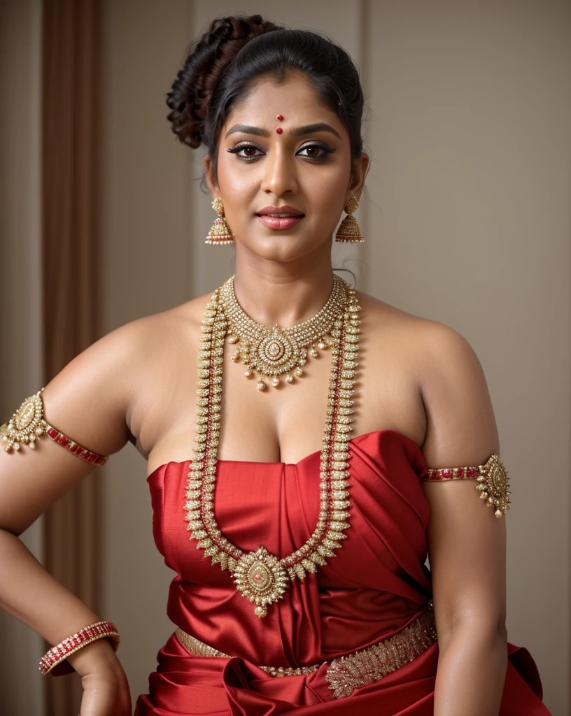 Wearing a sexy satin saree with strapless Bra, sexy Indian housewife, Looks like Indian Actress Nayanthara, actress Nayanthara, mallu, mallu aunty, desi aunty, full figured mature beauty,  sweaty skin , shining skin, sweat, attractive figure, 48 years old, spicy hot, desi milf, desi aunty, a close up of a woman in a red dress in a bedroom, inspired by Avigdor Arikha, sleek!!!, indian super model, wavy hair combed to one side, actress, by Jitish Kallat, smoldering, intense smoldering, fashion, an angel, print ready, with a dramatic looking, inspired by Sudip Roy, seductive look, sexy Saree queen, sexy Saree fashion, seductive Saree,  wear saree, sizzling hot Beauty, red juicy lips, sexy navel folds, fleshy body, curvy beauty, beautiful deep navel, detailed hairy armpits, 