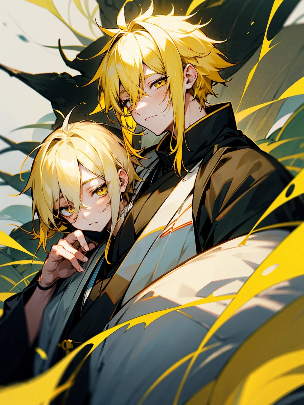 1male, black and yellow hair, two toned hair, young, yukata, lightning haori, sleepy expression gold eyes, forest
