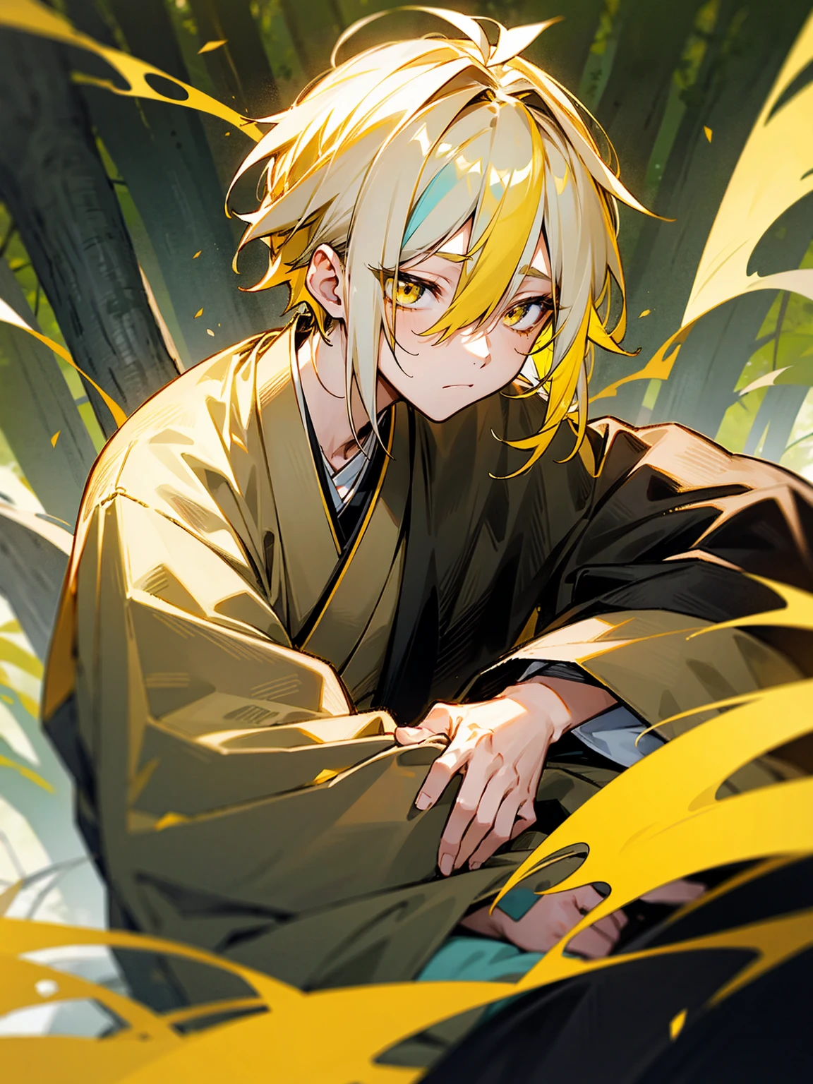 1male, black and yellow hair, two toned hair, young, yukata, lightning haori, sleepy expression gold eyes, forest