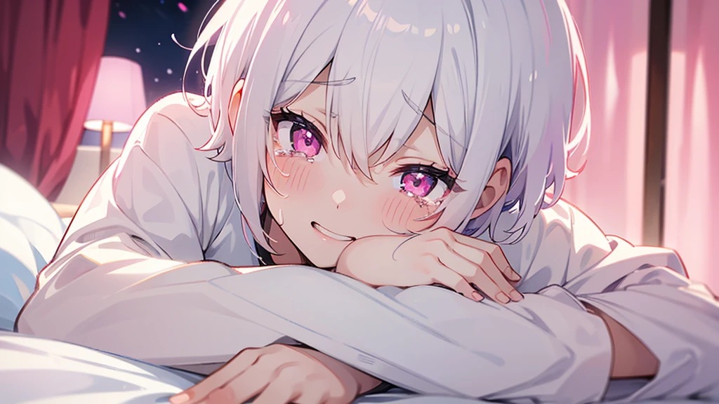 White Hair Girl、Pink Eyes、Short Hair、Only one girl、Night、In the bedroom、Blushing、laughing、Excited、Just One、Sitting on the bed、Sweating、With tears in their eyes、On all fours