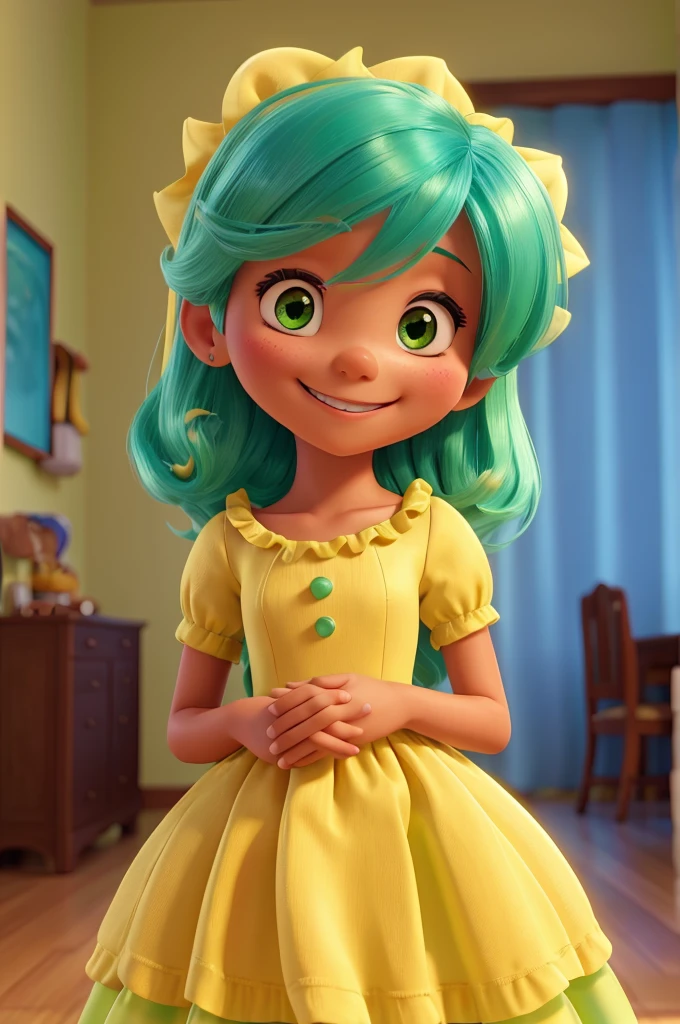 yellow skin, hair blue, green dress and smiling
