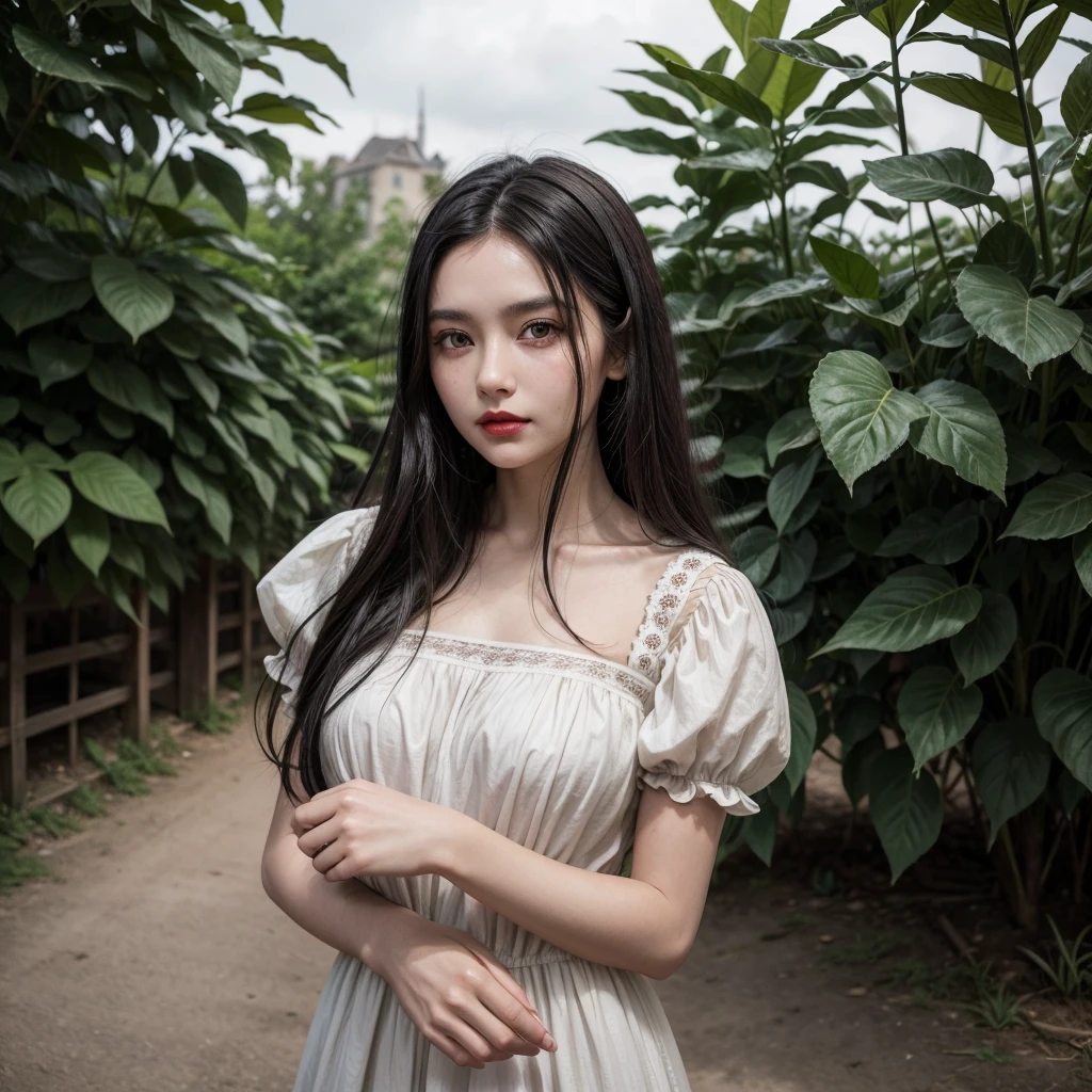 1 17 year old girl, long dark black hair, clear skin, big brown eyes, Slim appearance, Red lips, wears a dress,Farmer, medieval era, black and white color, City, PLANTS, finds, something, hands