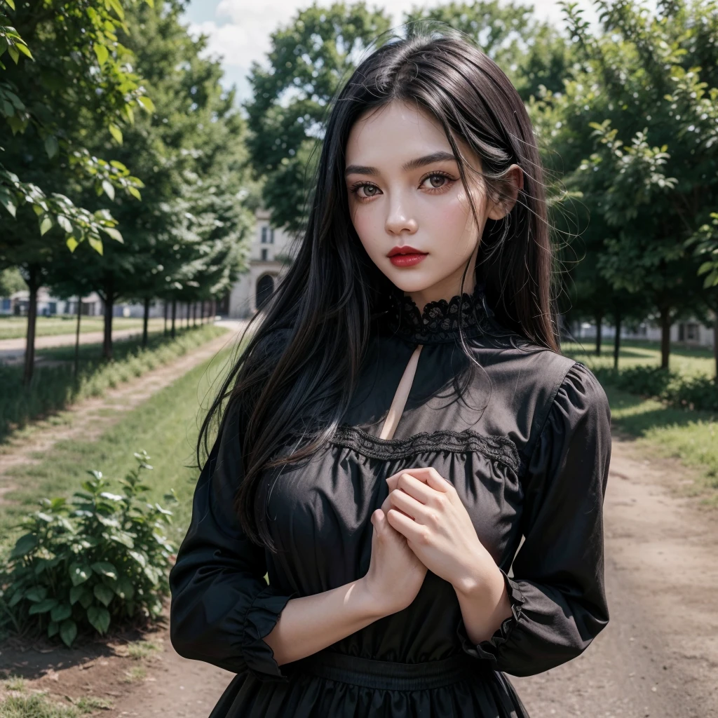 1 17 year old girl, long dark black hair, clear skin, big brown eyes, Slim appearance, Red lips, wears a dress,Farmer, medieval era, black and white color, City, PLANTS, finds, something, hands