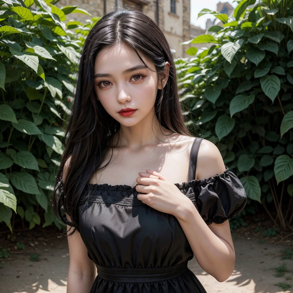 1 17 year old girl, long dark black hair, clear skin, big brown eyes, Slim appearance, Red lips, wears a dress,Farmer, medieval era, black and white color, City, PLANTS, finds, something, hands