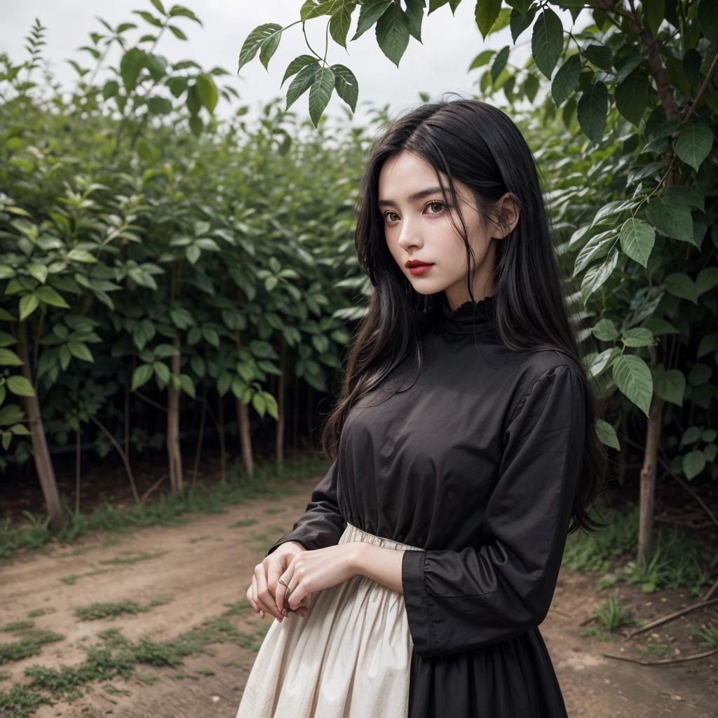 1 17 year old girl, long dark black hair, clear skin, big brown eyes, Slim appearance, Red lips, wears a dress,Farmer, medieval era, black and white color, City, PLANTS, finds, something, hands