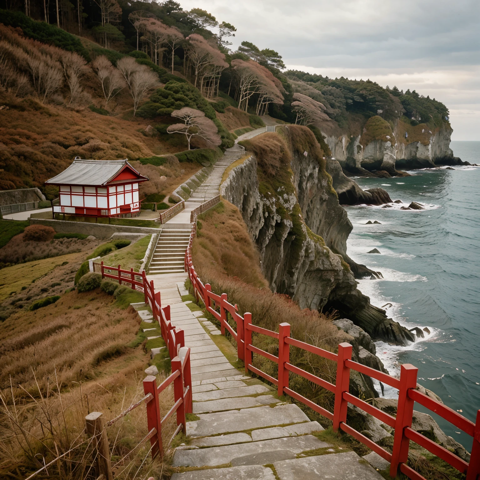 a cliff with a red fence, cliffside, Miyazaki japan, Miyazaki prefecture
