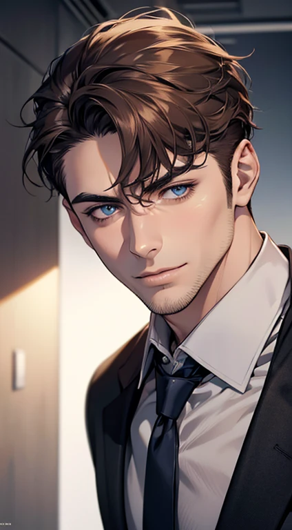 (best quality,4k,8k,highres,masterpiece:1.2),ultra-detailed,(realistic,photorealistic,photo-realistic:1.37),1 man,31 years old,mature man,very handsome,without expression,smile,short grey brown hair,blue eyes,penetrating gaze,perfect face without errors,imposing posture,businessman,office background,cinematic lighting,hdr image