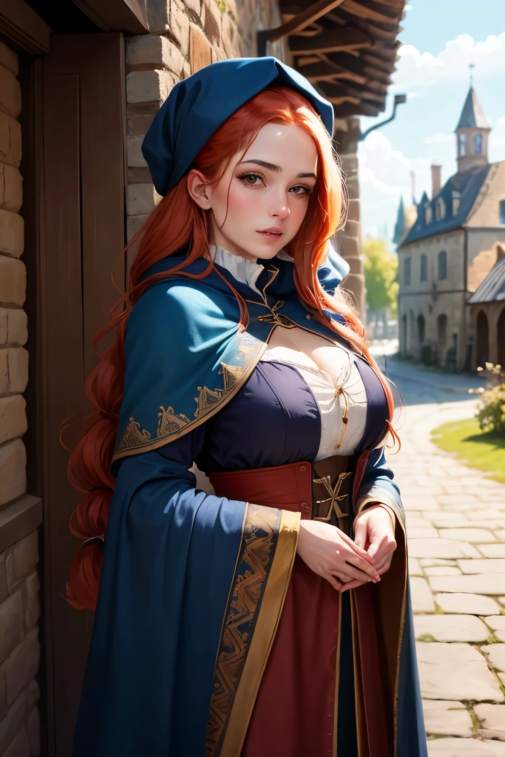 ((best qualityer)), ((work of art)), (detailded), 1 woman in a red yellow full medieval dress ,olhos detaildeds, nariz detailded, detailed mouth ,light red hair with long dreads, fully dressed, covered bust, fully dressed, Covered Skin ,medieval cold clothing ,long blue cloak, in the background an old stone building, clear lighting, detailed shadows