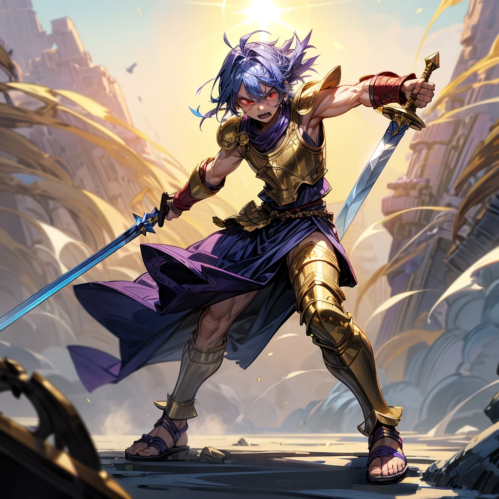 1boys orc, Full body version, red eyes, purple colour skins, angry eyes, cut hair, blue colour hair, angry expression, ancient greek clothing, gladiator sandals, Rapier gold sword in hand, small shield gold, gold armor vest, Grassroots background in snow, sunlight, sun, Sun silhouette, sun glare, smoke, background clutter, damage, war gesture 