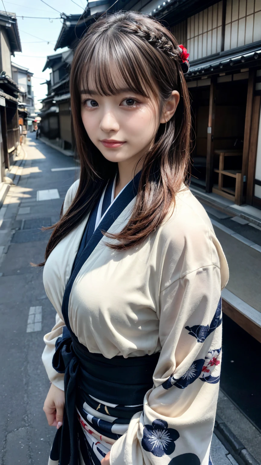 professional lighting,(Photoreal:1.4), (Top image quality:1.0), (超A high resolution:1.0), 8k, Raw photography, (masterpiece:0.2), (Pueros face_v1:0.5)、(highest quality Detail:1.2)、realistic、8k UHD、High resolution、(1 girl:1.2)、Super detailed、High quality textures、intricate details、detailed、Very detailed CG、High quality shadows、detailed Beautiful and delicate face、Beautiful details and delicate eyes、(symmetrical eyes:1.2),Depth of the bounds written、ray tracing,1 girl, japanese girl,cute, large breasts, Portrait of a beautiful Japanese woman wearing a kimono, Standing elegantly on a street corner in Kyoto. A kimono with bright traditional patterns, Hair decorated with an elegant and delicate hairpin, and a gentle expression. (Against the backdrop of the old streets of Kyoto:1.4)、soft light on a spring afternoon、adds tranquility to the scene. Rendered in a realistic style with great attention to detail, High resolution images.sky porn, magic hour, (realistic:1.3), finely, quality, (table top:1.2), (realistic:1.2), (highest quality), (Complex details), dramatic, ray tracing, photograph, +roller