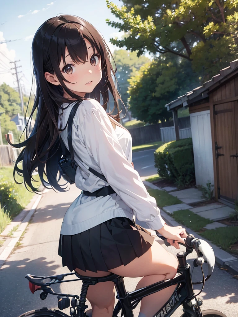 master piece, extremely detailed, high resolution, Makoto Shinkai style, girl, blouse, mini skirt, Riding a bicycle, Showing your back and turning around, master piece, extremely detailed, high resolution, Makoto Shinkai style, girl, blouse, mini skirt, Riding a bicycle, Showing your back and turning around, Long Straight Hair, Brown Hair, Glossy, plump lips, Shiny Hair, A happy look, Rural road sceneryストレートヘアー, Brown Hair, Glossy, plump lips, Shiny Hair, A happy look, Rural road scenery