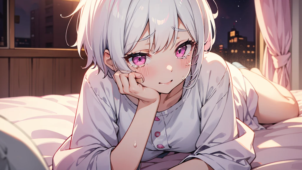 White Hair Girl、Pink Eyes、Short Hair、Only one girl、Night、In the bedroom、Blushing、laughing、Excited、Just One、Sitting on the bed、Sweating、With tears in their eyes、On all fours