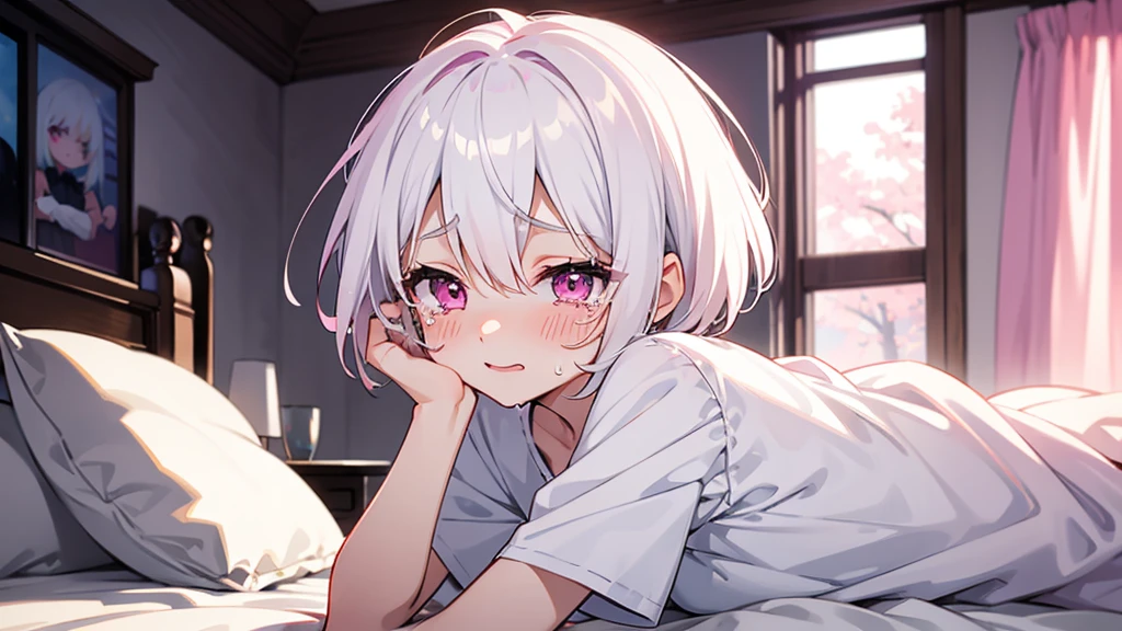 White Hair Girl、Pink Eyes、Short Hair、Only one girl、Night、In the bedroom、Blushing、laughing、Excited、Just One、Sitting on the bed、Sweating、With tears in their eyes、On all fours