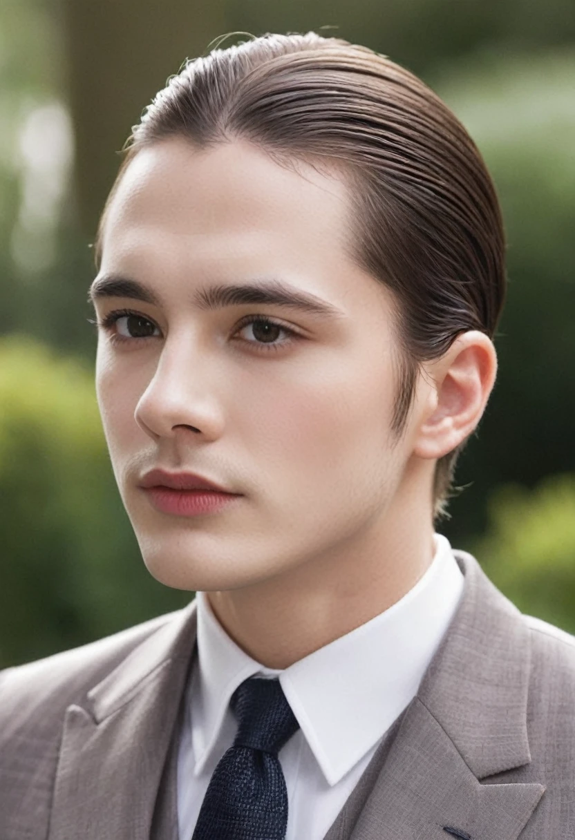 Brown hair, White skin, marked jaw, combed back and wearing a formal suit 