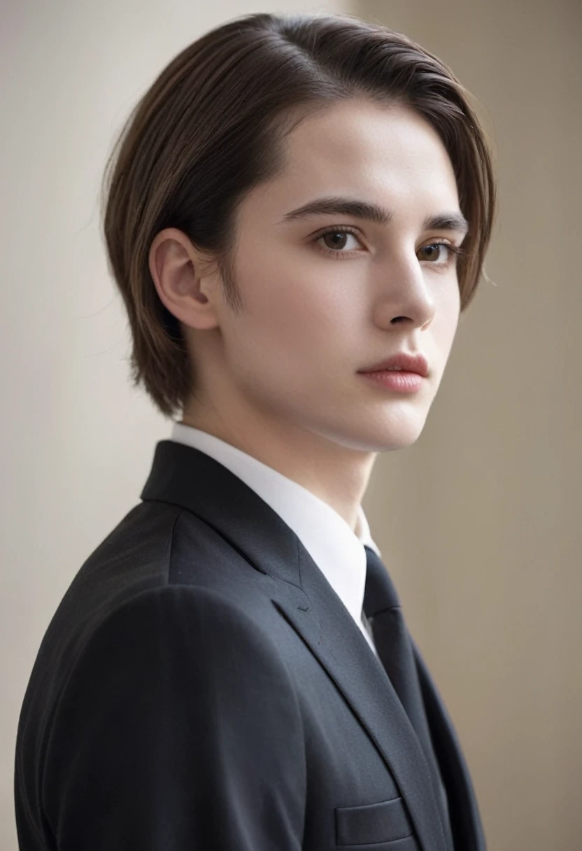 Brown hair, White skin, marked jaw, combed back and wearing a formal suit