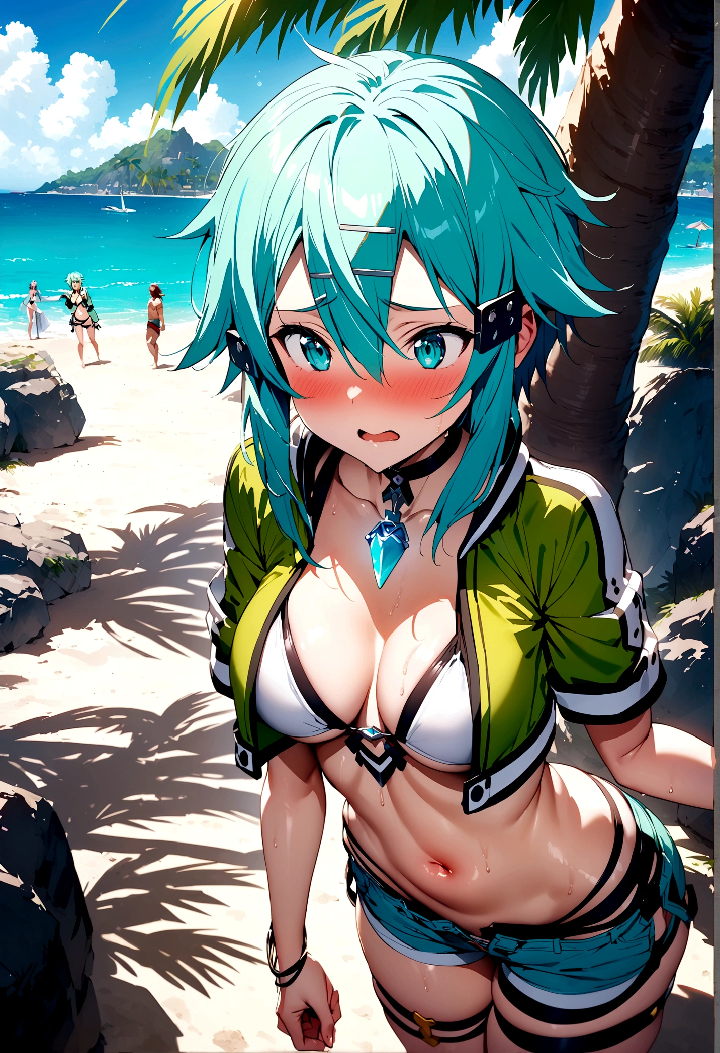 NSFW,masterpiece,Highest quality,High resolution,Super detailed,Sinon\(Sword Art Online\),High quality sexy bikini,Cropped jacket,Short sleeve,Shorts,gem, hair ornaments, Hair Clip,Embarrassed,expectant face,(Lust),(Estrus),blush,Fantasy,beach,Palm tree,Rock Shade