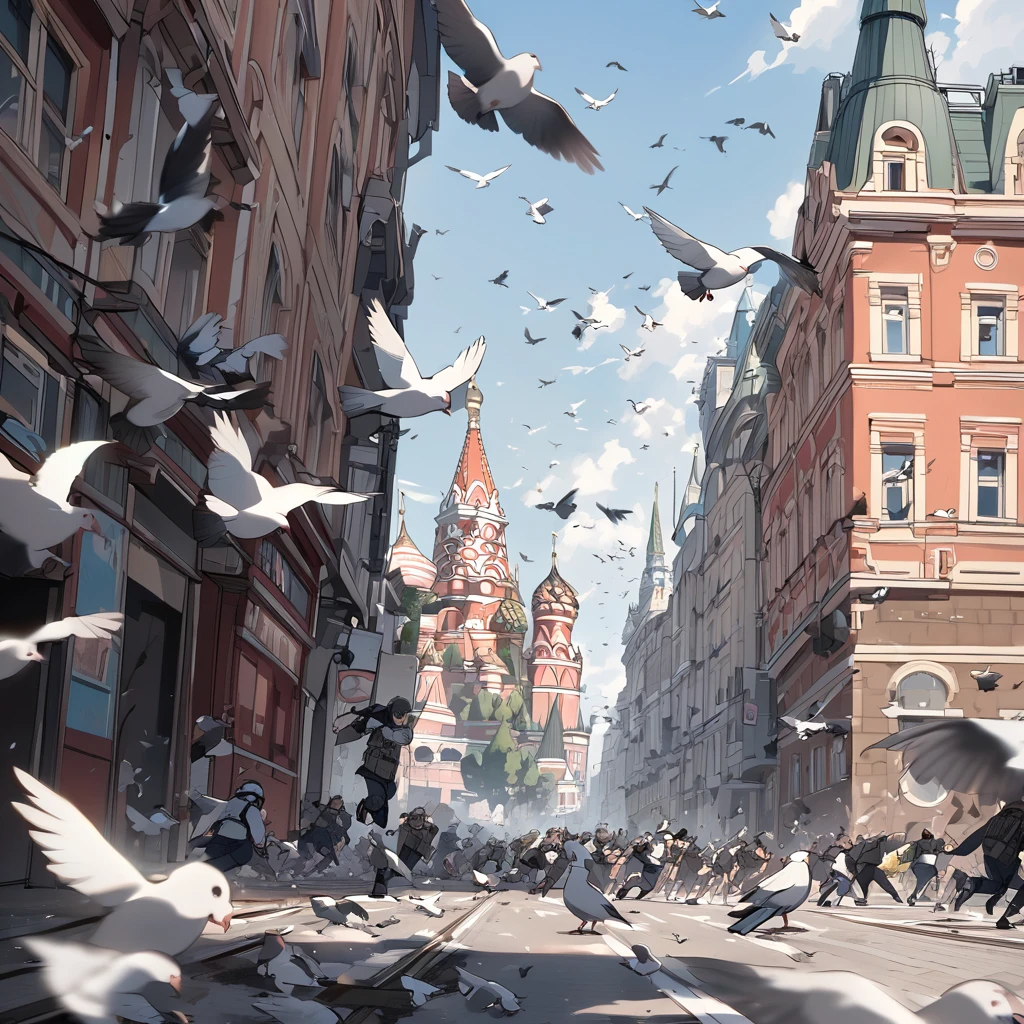 Russia is attacked by pigeons and people run away from machine guns of pigeons in the city of Moscow