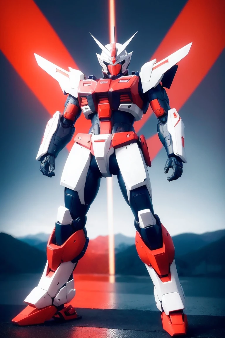 Hyper-realistic Gundam-inspired mecha embodying [japan]'s essence. Armor design blends futuristic technology with national aesthetics. Colors reflect the flag. Head and chest feature iconic symbols. Shoulder pauldrons showcase cultural artwork. Weapons shaped like famous landmarks. Background hints at recognizable landscapes. Dramatic lighting emphasizes metallic textures and patriotic colors. Pose evokes renowned artwork or historical figures. The mecha exudes national pride and power