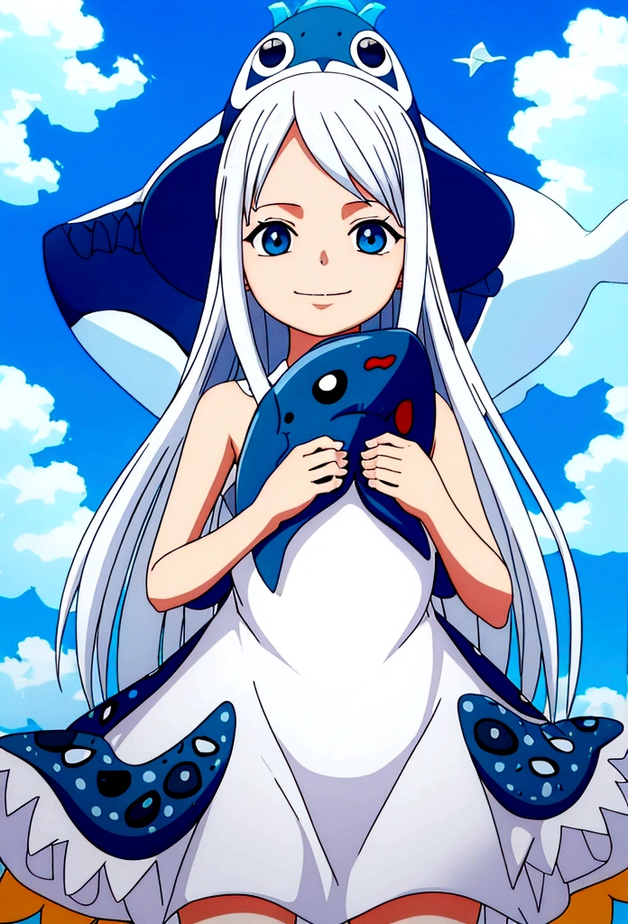 (), platinum white long hair, blue eyes, wearing cute dress, holding a stuffed whale shark, smiling in a sunny day