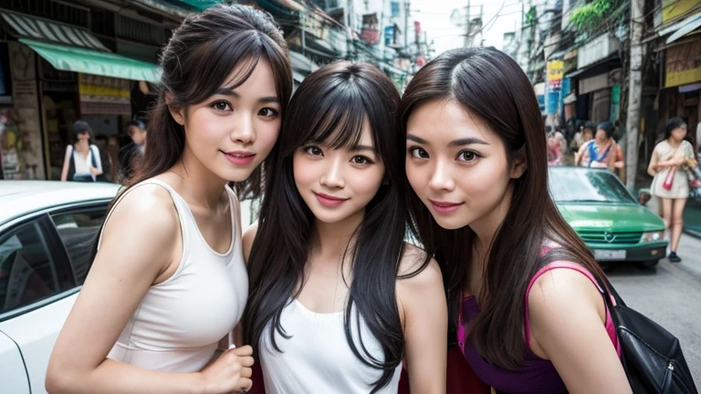 (in 8K, Raw photo, 超A high resolution, Best Quality, masutepiece:1.2), (realistic illustration), (the Extremely Detailed CG Unity 8K Wallpapers), absurderes, Three girls, 18 yo, Beautiful face,medium breasts, Black medium hair, Smile, Tilting head, grin, Upper body, Slim Fit Pants, Pink Tank Top, In the city, Upper body, 乃木坂アイドル, 女優