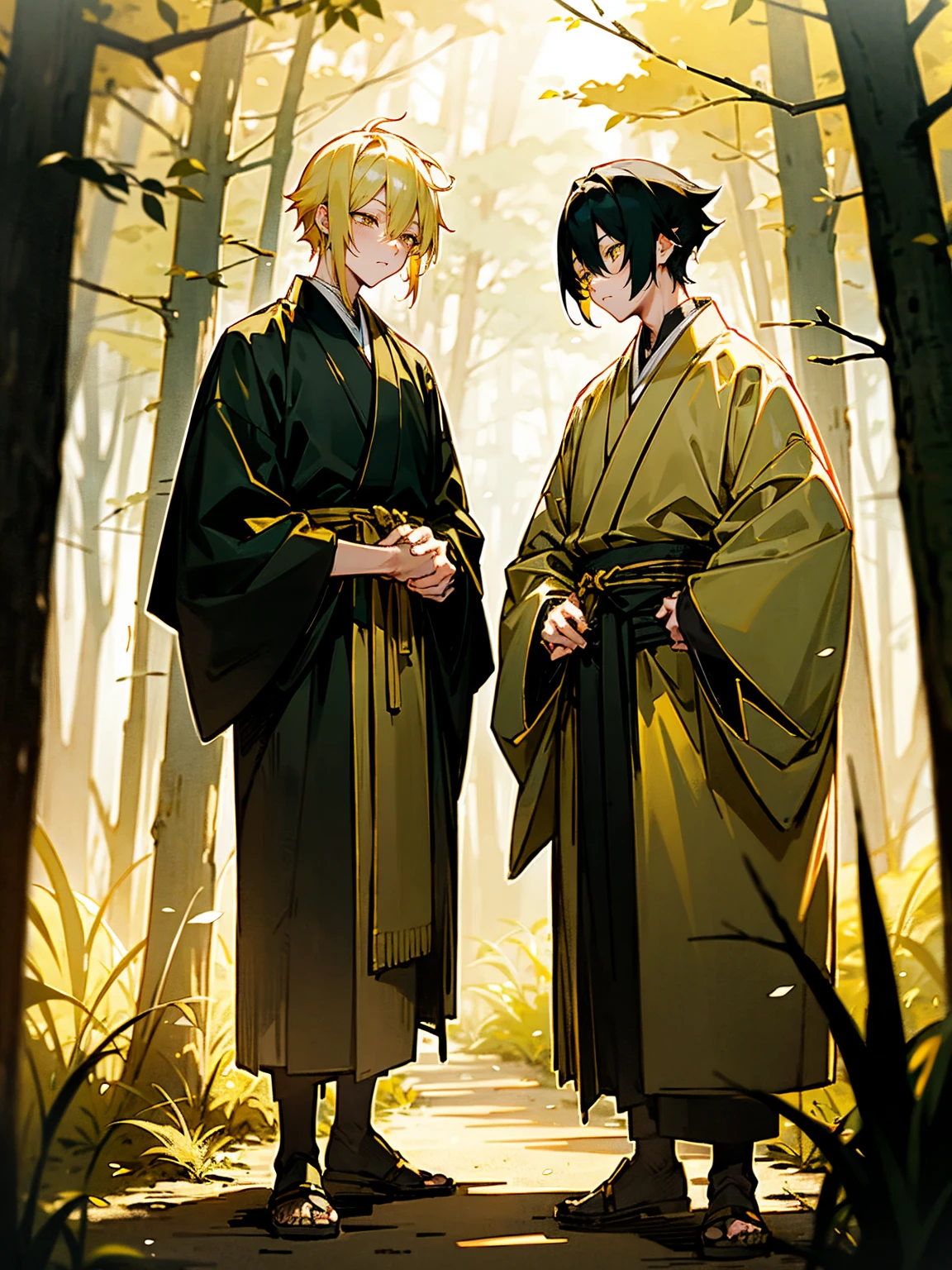 1male, black and yellow hair, two toned hair, young, yukata, lightning haori, sleepy expression gold eyes, forest, standing on path, perfect lighting