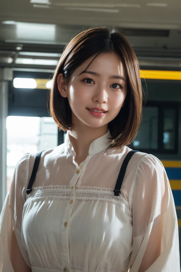 (8K、Raw photo、Highest quality、masterpiece:1.2)、(Realistic、Photorealistic:1.37)、Ultra-detailed、Ultra-high resolution、1 girl、Seeing the viewer、Beautifully detailed face、Laughter、narrow、(Slim waist) :1.3)、shortcut、Beautifully detailed skin、Skin Texture、Floating Hair、Professional Lighting、Waiting for the train on the platform、Black-rimmed square glasses 、Human whole body、Brown Hair