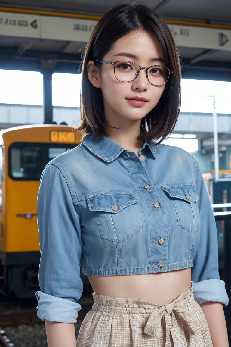 (8K、Raw photo、Highest quality、masterpiece:1.2)、(Realistic、Photorealistic:1.37)、Ultra-detailed、Ultra-high resolution、1 girl、Seeing the viewer、Beautifully detailed face、Laughter、narrow、(Slim waist) :1.3)、shortcut、Beautifully detailed skin、Skin Texture、Floating Hair、Professional Lighting、Waiting for the train on the platform、Black-rimmed square glasses 、Human whole body、Brown Hair