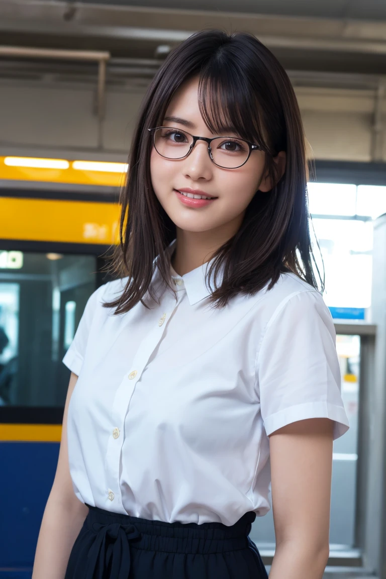 (8K、Raw photo、Highest quality、masterpiece:1.2)、(Realistic、Photorealistic:1.37)、Ultra-detailed、Ultra-high resolution、1 girl、Seeing the viewer、Beautifully detailed face、Laughter、narrow、(Slim waist) :1.3)、shortcut、Beautifully detailed skin、Skin Texture、Floating Hair、Professional Lighting、Waiting for the train on the platform、Black-rimmed square glasses 、Human whole body、Brown Hair