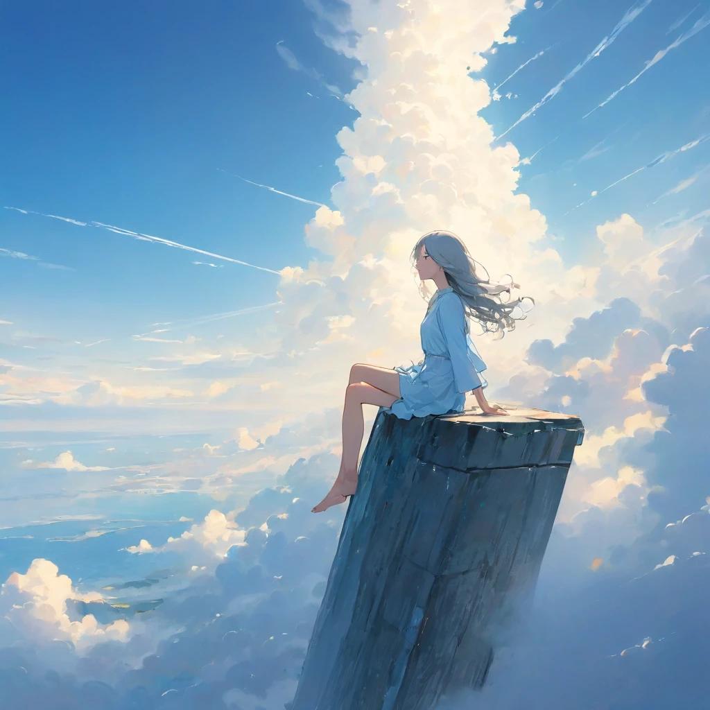 finely detailed illustration, vibrant color,High resolution、8k、pretty girl、One Girl、(Perfect and detailed eye drawing:1.2)、Highest quality、masterpiece、detailed eye and face, A thin tower stretching high into the sky、Cylindrical tower、sea of clouds、blue sky、Sitting cross-legged、Hair blowing in the wind、Gray Hair、Girl staring into the distance、White clothes、barefoot、Full body angle、sea of clouds