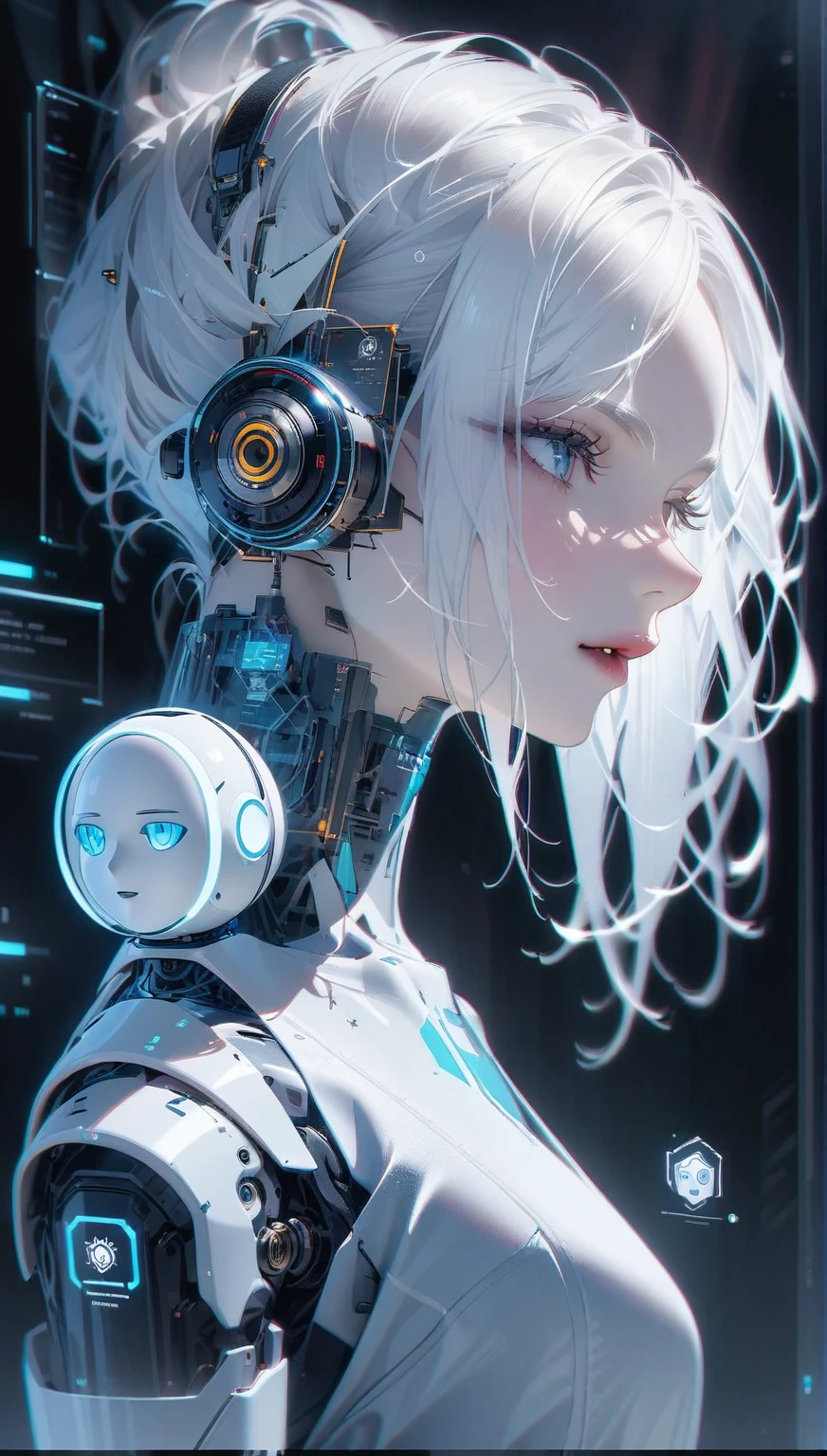 (modern, ellegant and smart robot assistant), (icon, futurist, robot), ((long white hair))