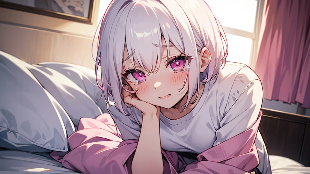 White Hair Girl、Pink Eyes、Short Hair、Only one girl、Night、In the bedroom、Blushing、laughing、Excited、Just One、Sitting on the bed、Sweating、With tears in their eyes、On all fours