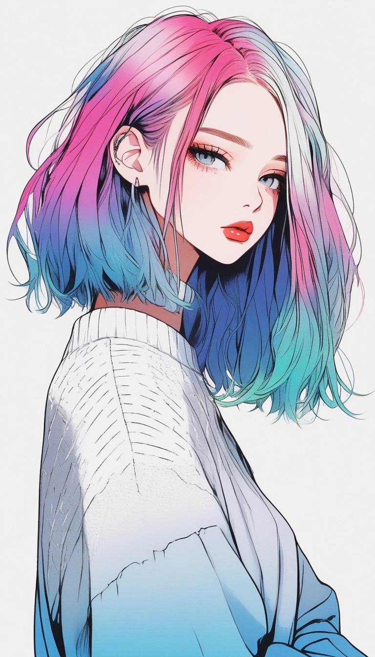 Illustrator, anime , Realistic ,sketch , 1 Girl,lip, sweater,order, White gradient background, Neon Hair,Textured Trim, Canadian, (masterpiece,Highest quality) Bob Hair,Bob,short