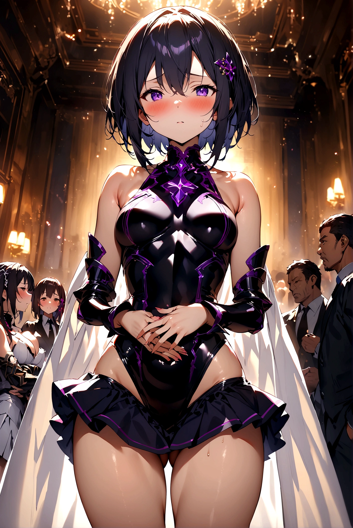 NSFW,Masterpiece,of the highest quality,high resolution,super detailed,Otherwise\(sword art online\),bare shoulders,Removable covers,hand guard,Leotard,layer,mini skirt,joya, Hair ornaments, Hair clip,ashamed,expectant face,(lust),(boss),blush,Fancy,adventurous'guild,reception,interior,(hard faced man),(Put your hands on my waist and hug me) nude sex.