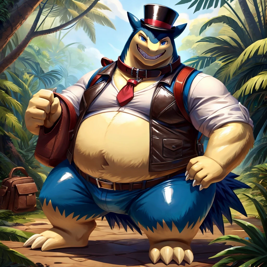 Male, fat, extremely obese, gentleman, Typhlosion, blue eyes, (posing:1.3), (soft shading), 4k, hi res, ((detailed face, detailed)), looking at viewer, evil grin, jungle, forest, shirt, top hat, male focus, Explorer Outfit, glasses, bag, vest, backpack, sleeves rolled up, round eyewear, brown headwear, brown vest, Typhlosion is wearing a glossy leather dog collar around the neck, Typhlosion is wearing the leather collar and shirt and vest at the same time, Typhlosion is wearing glossy white rubber gloves on the hands, wearing white rubber gloves on the feet, gloves are rubber in texture, clenching teeth, clenching fists, leather collar is glossy and shiny with a lot of detail.