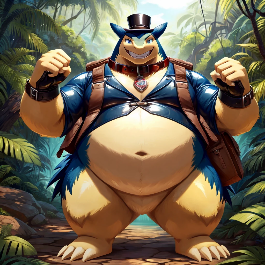 Male, fat, extremely obese, gentleman, Typhlosion, blue eyes, (posing:1.3), (soft shading), 4k, hi res, ((detailed face, detailed)), looking at viewer, evil grin, jungle, forest, shirt, top hat, male focus, Explorer Outfit, glasses, bag, vest, backpack, sleeves rolled up, round eyewear, brown headwear, brown vest, Typhlosion is wearing a glossy leather dog collar around the neck, Typhlosion is wearing the leather collar and shirt and vest at the same time, Typhlosion is wearing glossy white rubber gloves on the hands, wearing white rubber gloves on the feet, gloves are rubber in texture, clenching teeth, clenching fists, leather collar is glossy and shiny with a lot of detail.