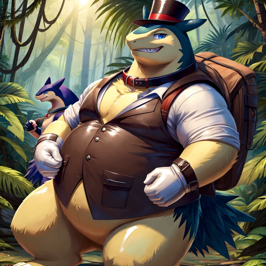 Male, fat, extremely obese, gentleman, Typhlosion, blue eyes, (posing:1.3), (soft shading), 4k, hi res, ((detailed face, detailed)), looking at viewer, evil grin, jungle, forest, shirt, top hat, male focus, Explorer Outfit, glasses, bag, vest, backpack, sleeves rolled up, round eyewear, brown headwear, brown vest, Typhlosion is wearing a glossy leather dog collar around the neck, Typhlosion is wearing the leather collar and shirt and vest at the same time, Typhlosion is wearing glossy white rubber gloves on the hands, wearing white rubber gloves on the feet, gloves are rubber in texture, clenching teeth, clenching fists, leather collar is glossy and shiny with a lot of detail.