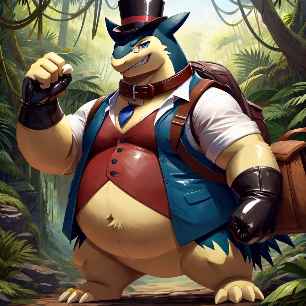 Male, fat, extremely obese, gentleman, Typhlosion, blue eyes, (posing:1.3), (soft shading), 4k, hi res, ((detailed face, detailed)), looking at viewer, evil grin, jungle, forest, shirt, top hat, male focus, Explorer Outfit, glasses, bag, vest, backpack, sleeves rolled up, round eyewear, brown headwear, brown vest, Typhlosion is wearing a glossy leather dog collar around the neck, Typhlosion is wearing the leather collar and shirt and vest at the same time, Typhlosion is wearing glossy white rubber gloves on the hands, wearing white rubber gloves on the feet, gloves are rubber in texture, clenching teeth, clenching fists, leather collar is glossy and shiny with a lot of detail.