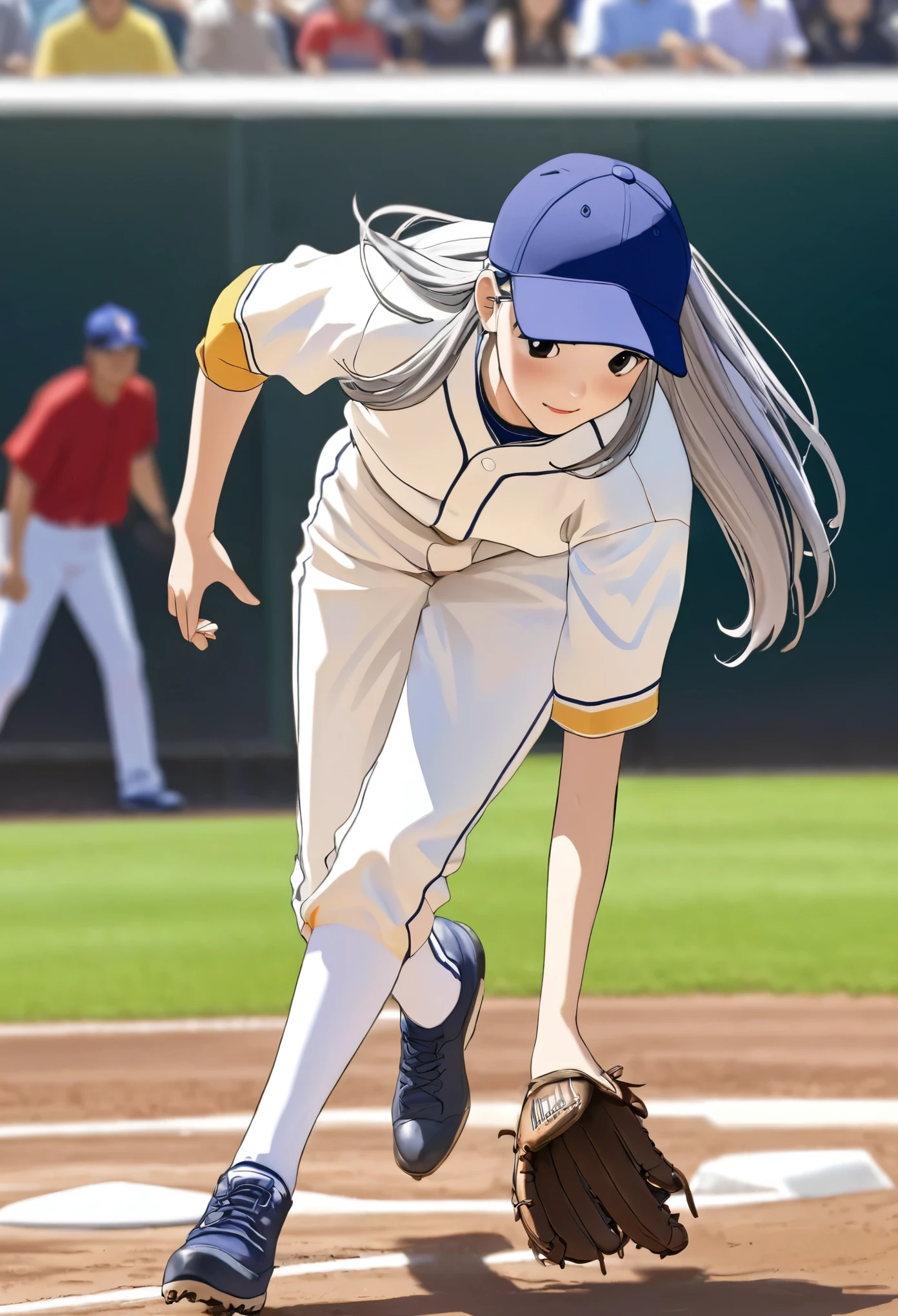 Highest quality、Great visuals、High resolution、High resolution、（high school girl） (Catching the ball with a baseball glove in the right hand) (The grounds watched by spectators)、(Shortstop catching a baseball) (美しいアジアのbaseball player)、(woman) baseball player)、Long silver hair、Sports photography、(Perfect Face)、(Super beautiful) ) (女子baseball player)（Baseball defense）（Dynamic Movement）