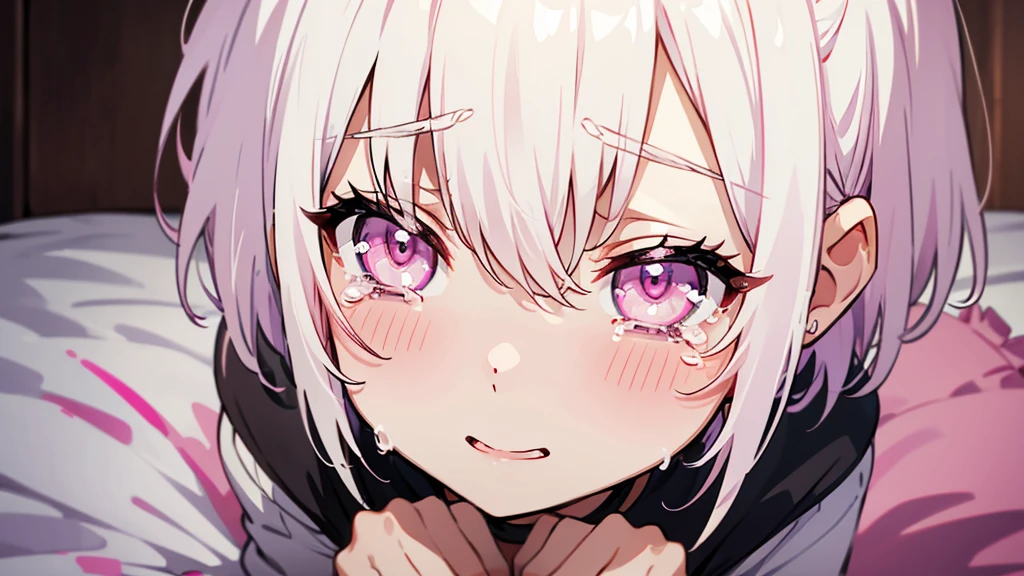 White Hair Girl、Pink Eyes、Short Hair、Only one girl、Night、In the bedroom、Blushing、laughing、Excited、Just One、Sitting on the bed、Sweating、With tears in their eyes、On all fours