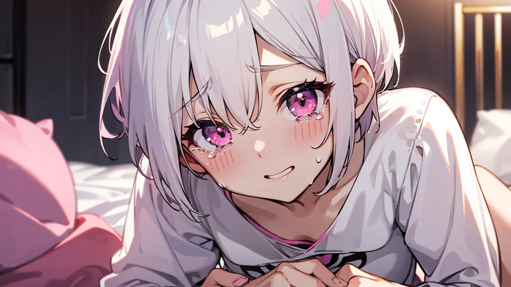 White Hair Girl、Pink Eyes、Short Hair、Only one girl、Night、In the bedroom、Blushing、laughing、Excited、Just One、Sitting on the bed、Sweating、With tears in their eyes、On all fours