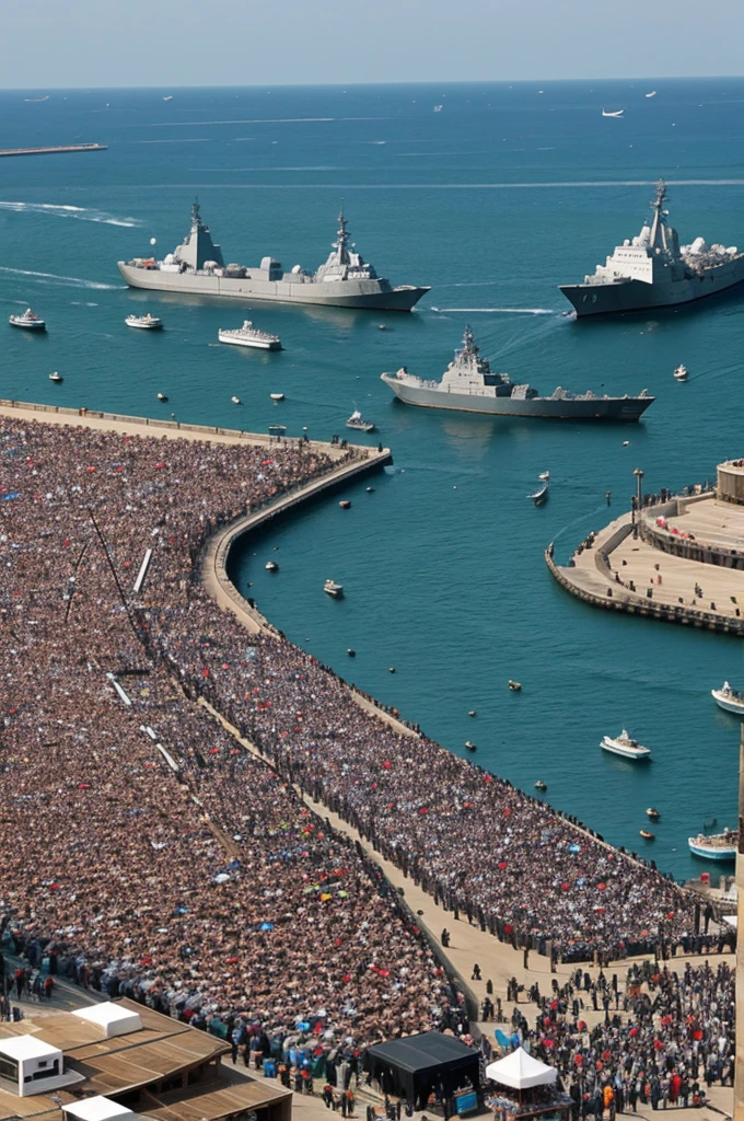 Parade of 8 warships in front of the crowd of people