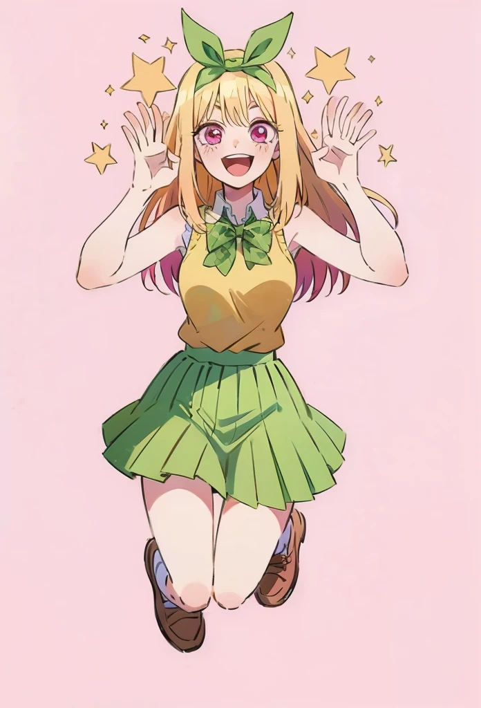 Marin kitagawa, long hair, marin drssed up as Yotsuba Nakano, long blonde hair with pink ends, sparkling pink eyes, sweet face, cheery, playful happy face, lovely, 4k, perfect quality, excellent fusion, excellent character design, green ribbon, sleeveless yellow sweater, collared white short sleeved shirt, green bow tie, green pleated skirt, bright colors, pastel coloured image, vivid colours, light colours, simple background, magic hill background, splendid nature, natural light, daylight, full body, full shot, dinamic pose, extremely detailed, clean lineart, neat, smile