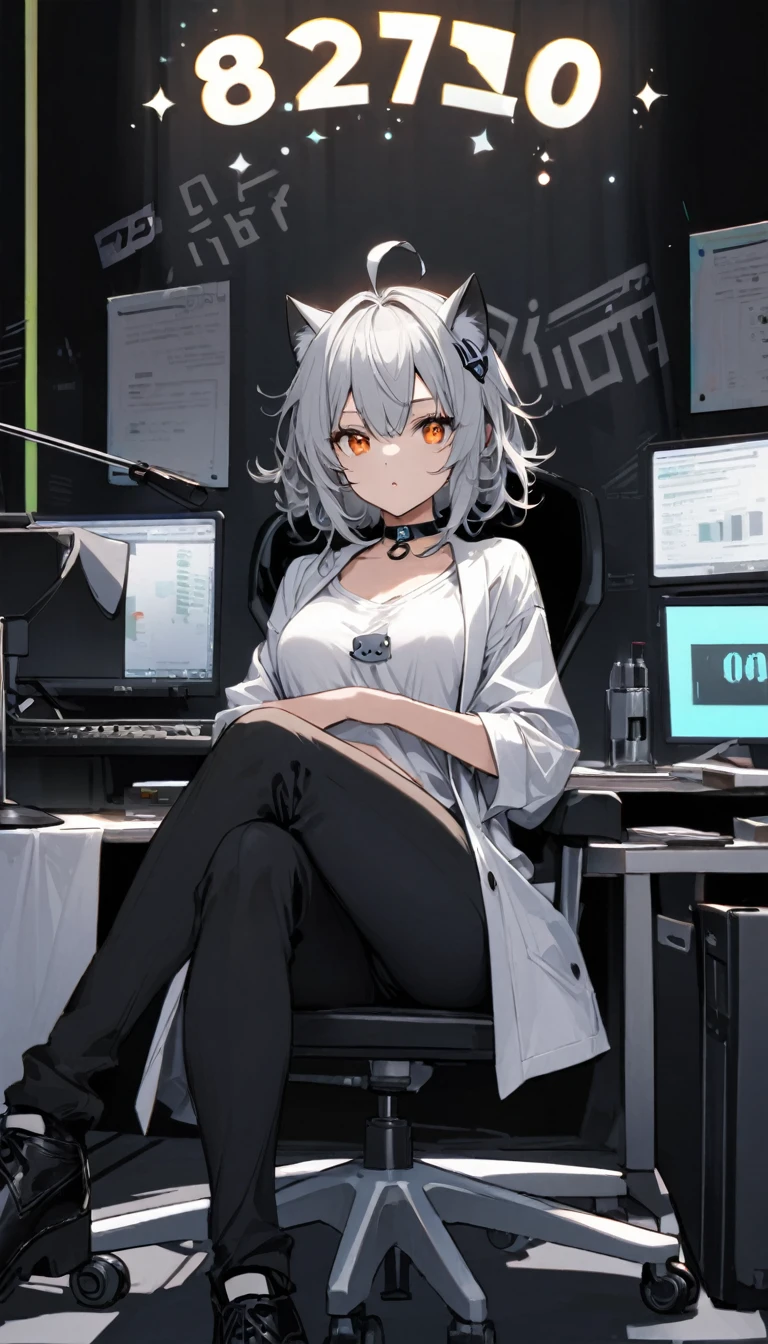 (masterpiece)、(absurdres)、(ultra detailed)、(独奏),(silver cat ear on head:1.1),(lady:1.0),(silver hair),(shortcut hair:1.0),(Messy Hair:1.0)、(Ahoge:1.0)、(Orange Eyes:1.1),middle Breasts:0.8、choker,sleepy eyes、Researcher's lab coat、T-Shirts、Black Pants、Sit in a chair next to a computer、BREAK,A black background with a large number of numbers:1.3、glow lighting:1.4、